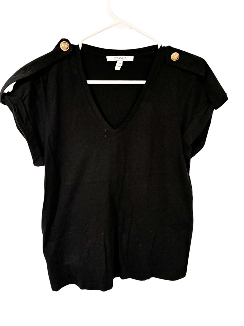 Derek Lam 10 Crosby Black V-Neck Roll Tab Sleeve T-Shirt Size Small